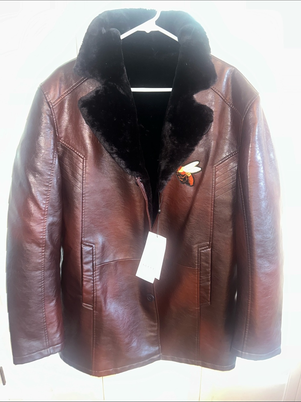 Gucci Brown Leather Bomber Jacket with Black Shearling Collar